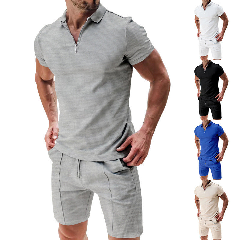 Men's sporty short-sleeve shirt with zipper and matching shorts Skorter