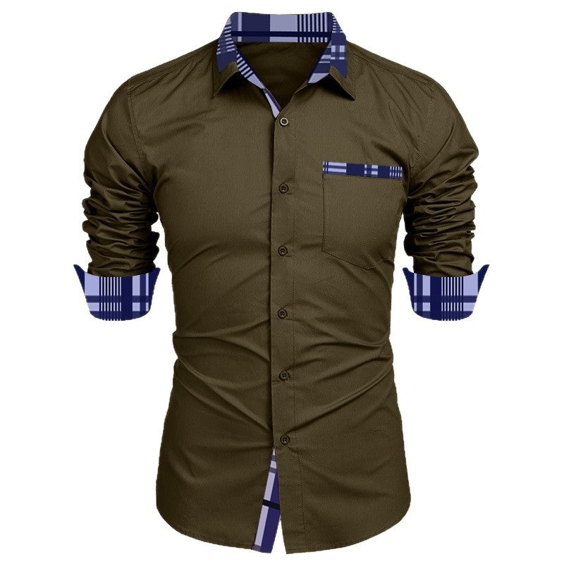 Men's Business Shirt with Fashionable Check Collar and Practical Chest Pocket Skorter