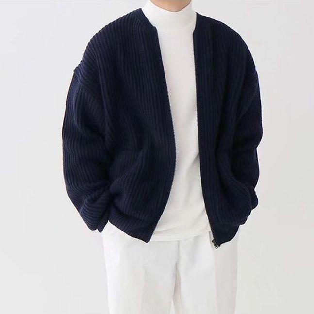 Men's chunky knit jacket with voluminous sleeves and stand-up collar Skorter