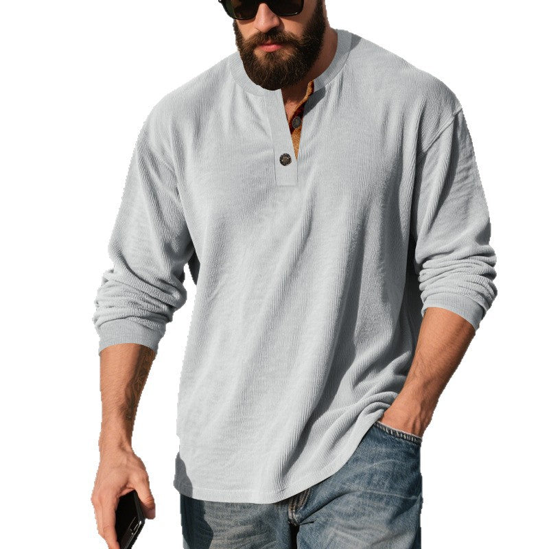 Men's long-sleeve shirt with textured ribbed look and fashionable button placket detail Skorter