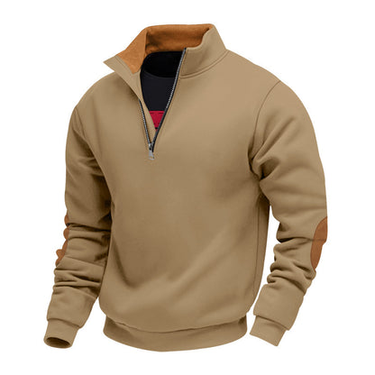 Men's Sporty Stand Collar Sweater with Zipper and Leather Accents Skorter