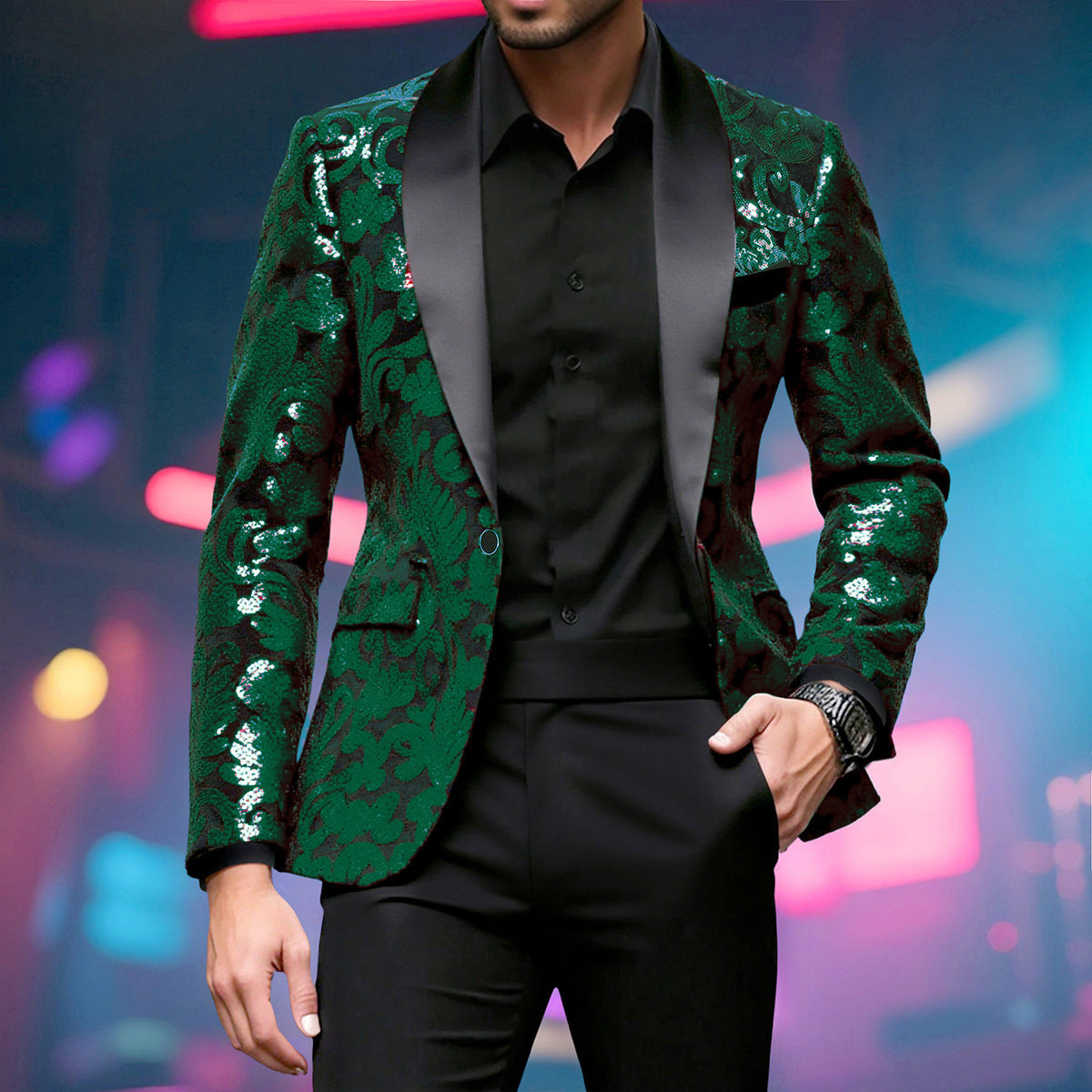 Men Sparkling Sequin Blazer with Floral Design Skorter