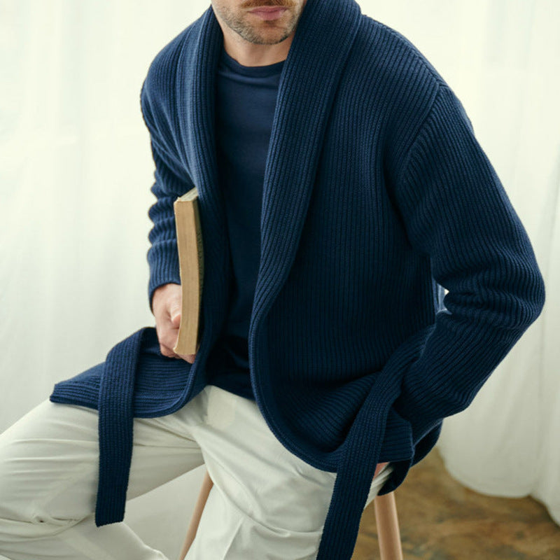 Men's stylish knit cardigan with belt and deep collar Skorter