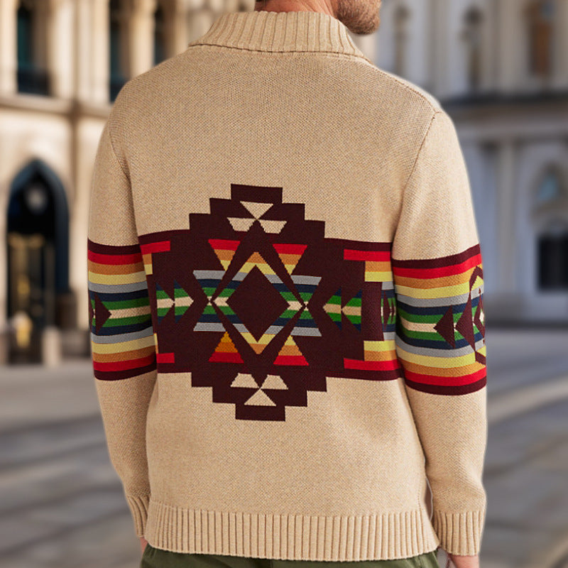 Herrkofta med färgglada mönster och mysig sjalkrage Skorter