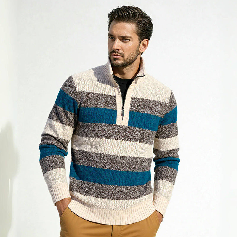 Men's stylish knitted sweater with half zipper and striped design Skorter