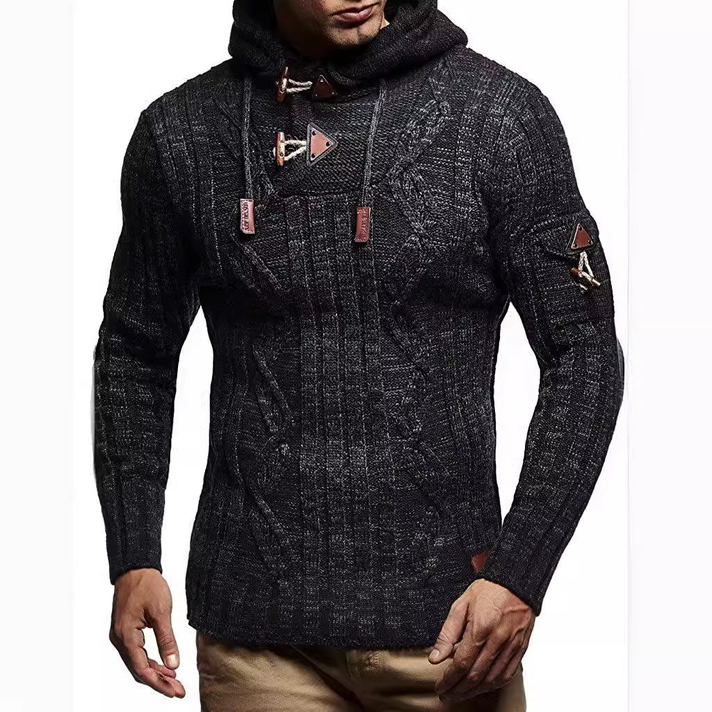 Men's chunky knit sweater with hood and decorative lace-up details Skorter