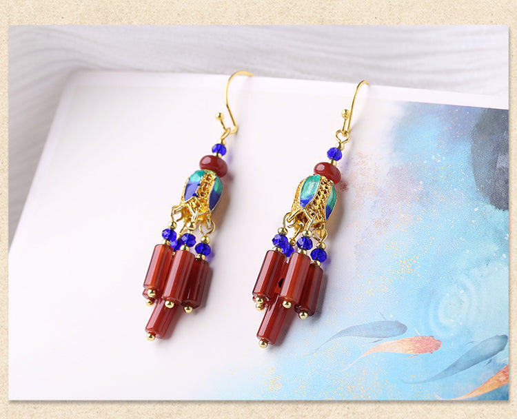 Skorter | Ethnic Style Retro Red Agate Tassel Fashion Sense Earrings