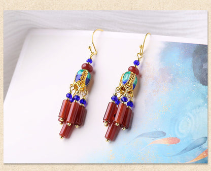 Skorter | Ethnic Style Retro Red Agate Tassel Fashion Sense Earrings