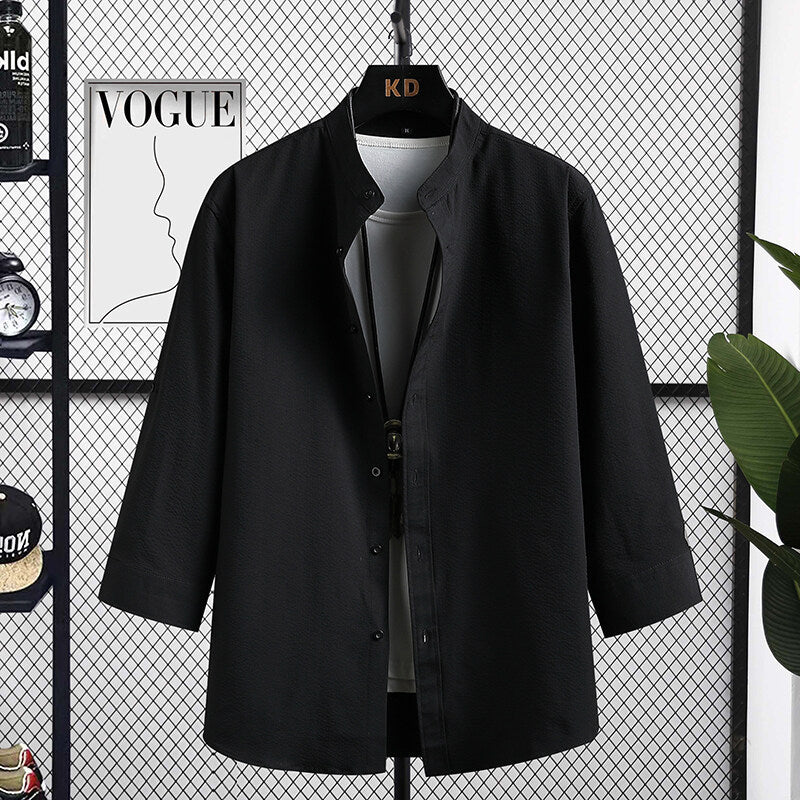 Men's Nice Long Sleeve Shirt with Modern Stand-Up Collar and Textured Fabric Skorter