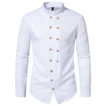 Men's Long Sleeve Shirt with Traditional Stand Collar and Decorative Buttons Skorter