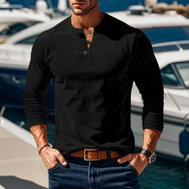 Men's long sleeve shirt with textured stand-up collar and practical button details Skorter