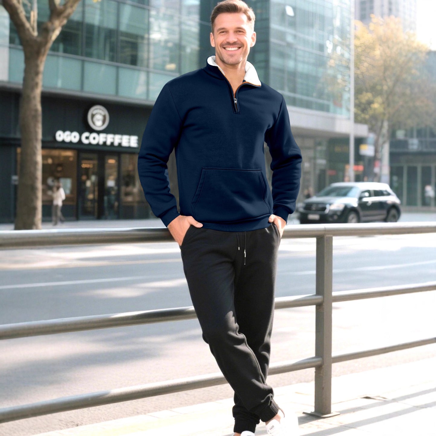 Men's sporty sweatshirt with innovative collar and practical kangaroo pocket Skorter