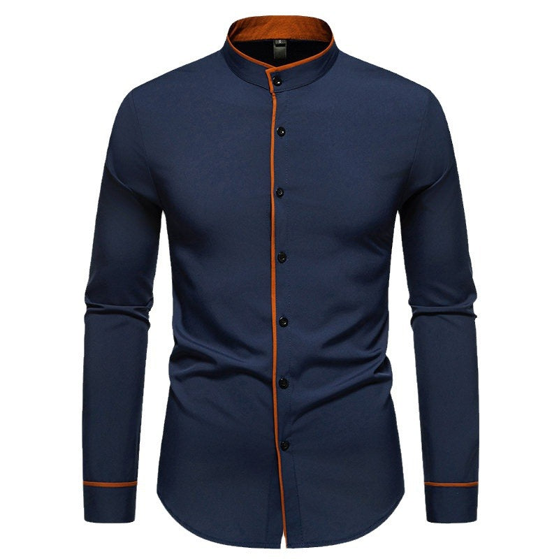 Men's long sleeve shirt with modern stand-up collar and embroidered detail Skorter