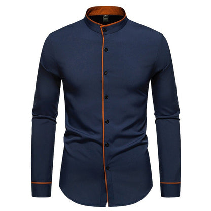 Men's long sleeve shirt with modern stand-up collar and embroidered detail Skorter