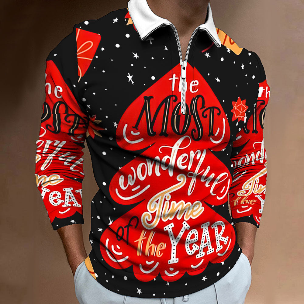 Men's Long Sleeve Polo Shirt with Festive Christmas Motif Skorter