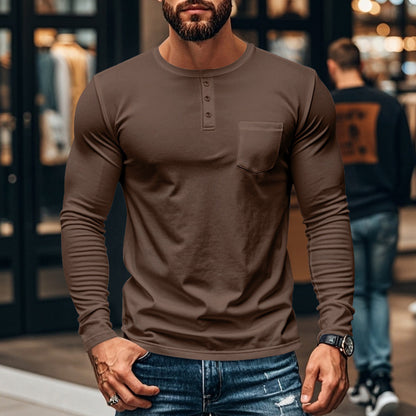 Men's long-sleeved Henley shirt with textured cotton surface and chest pocket Skorter