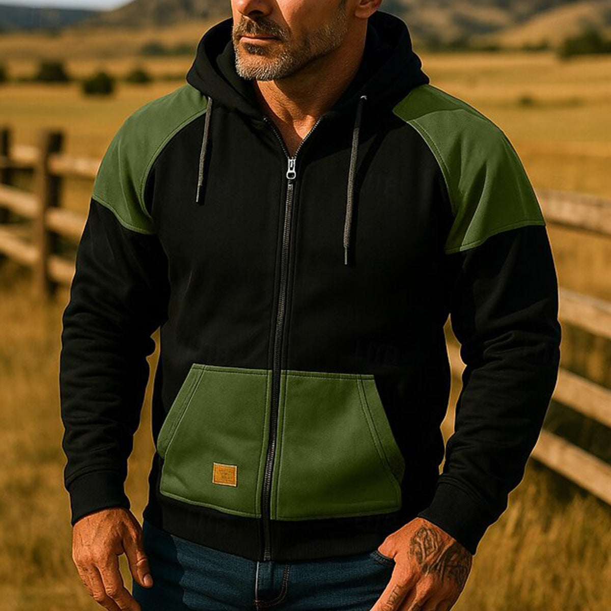 Herr sportjacka med huva och färgblocksdesign, skorter