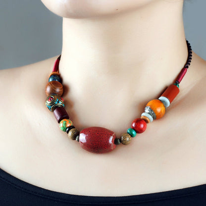 Skorter | Ethnic style handmade Tibetan necklace vintage multicolor ceramic beads versatile cropped collarbone chain for women