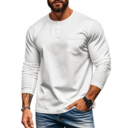 Men's long-sleeved Henley shirt with textured cotton surface and chest pocket Skorter