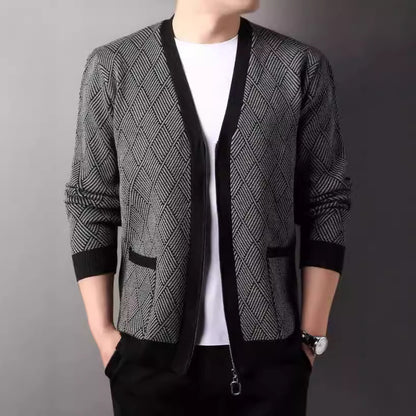 Men's cardigan with modern diamond pattern and high collar Skorter