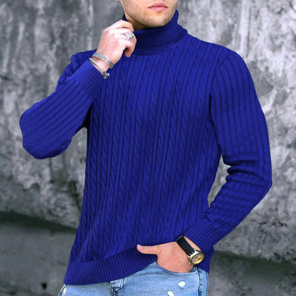 Men's Elegant Knit Sweater with Stand-Up Collar and Fine Cable Knit Pattern Skorter