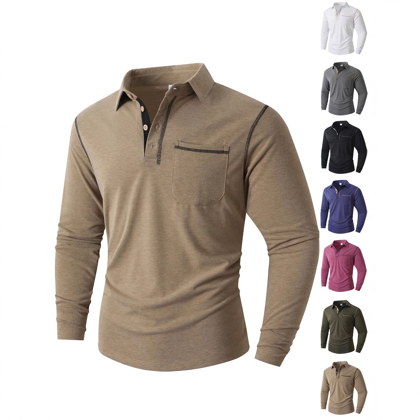 Men's stylish long sleeve polo shirt with practical chest pocket and elegant contrast details Skorter
