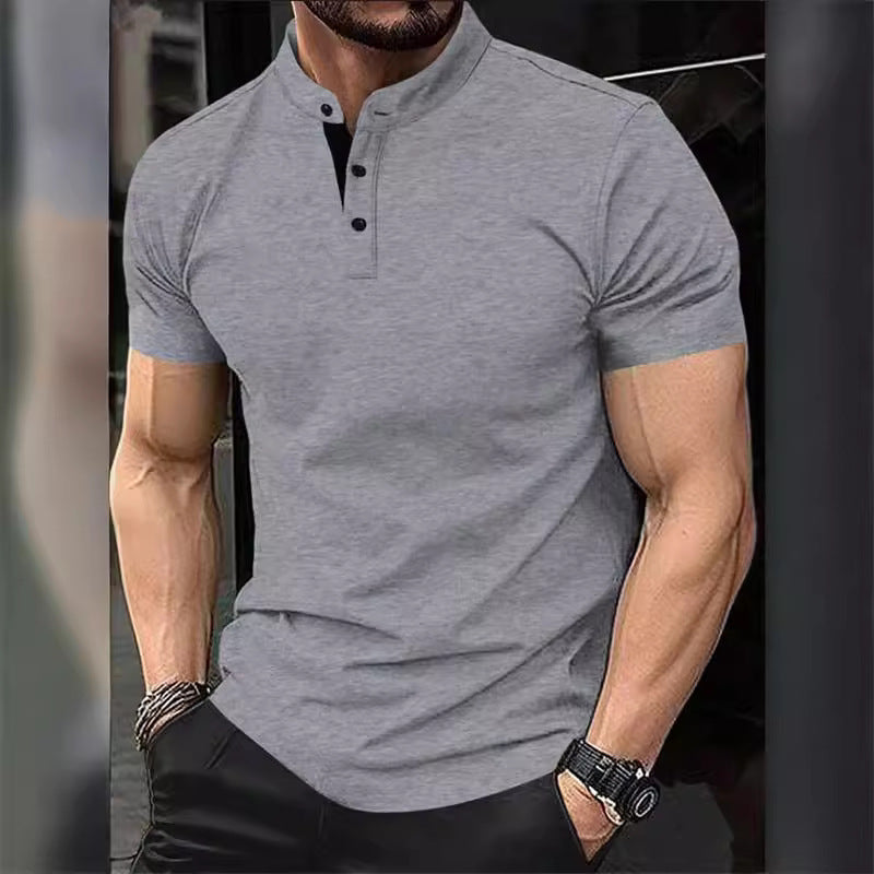 Men's stylish short-sleeve shirt with modern stand-up collar and decorative buttons Skorter