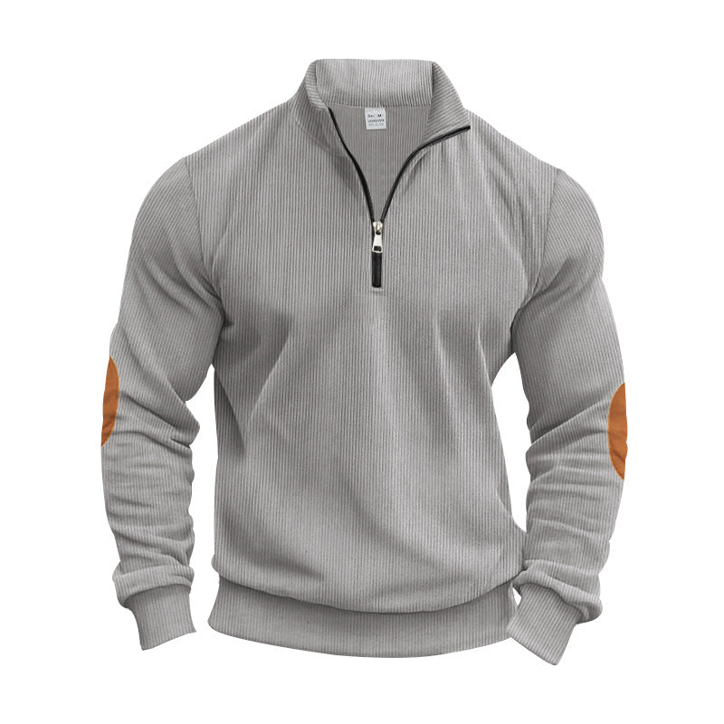 Men's Stand Collar Sweater with Zipper and Fashionable Elbow Patches Skorter