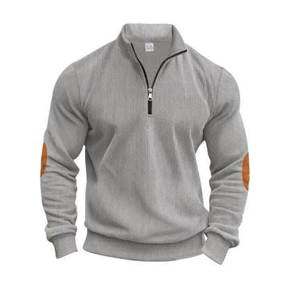 Men's Stand Collar Sweater with Zipper and Fashionable Elbow Patches Skorter