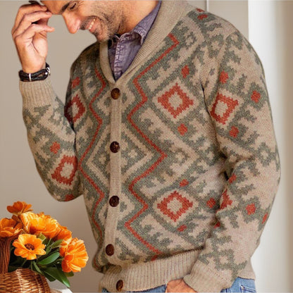 Herrkofta med geometriskt mönster och mysig sjalkrage Skorter