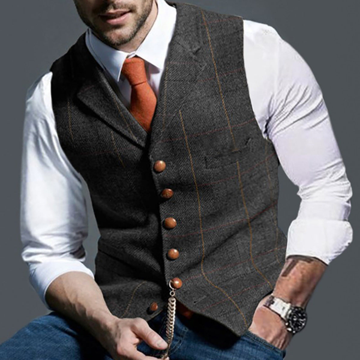 Men's vest made of high-quality linen fabric with individual wooden buttons Skorter
