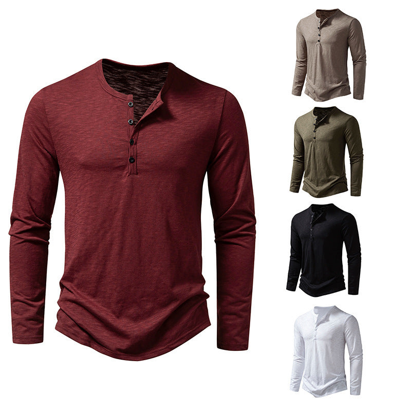 Men's Long Sleeve T-Shirt with Button Placket and Fashionable Stand-up Collar Skorter