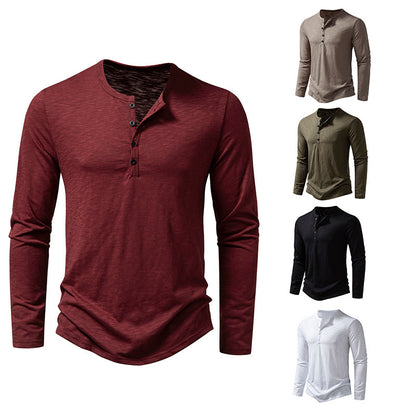 Men's Long Sleeve T-Shirt with Button Placket and Fashionable Stand-up Collar Skorter