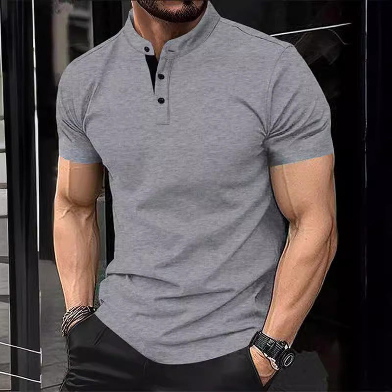 Men's stylish short-sleeve shirt with modern stand-up collar and decorative buttons Skorter