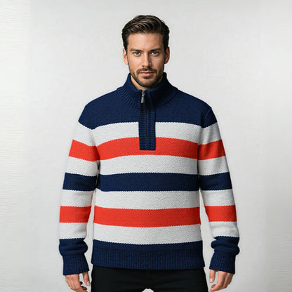 Men's stylish knitted sweater with half zipper and striped design Skorter