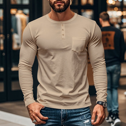Men's long-sleeved Henley shirt with textured cotton surface and chest pocket Skorter