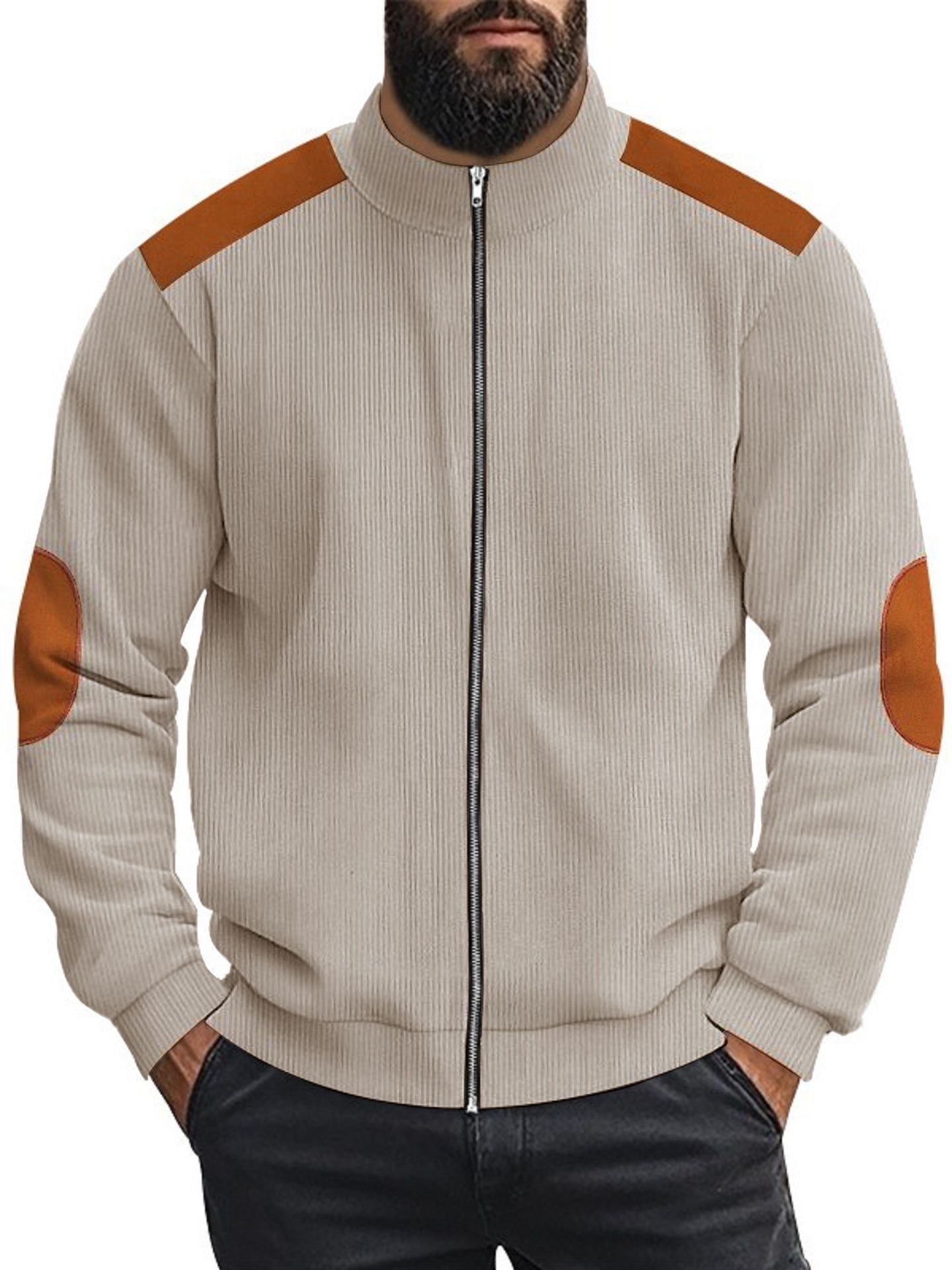 Men's cardigan with modern leather accents and high closed collar Skorter