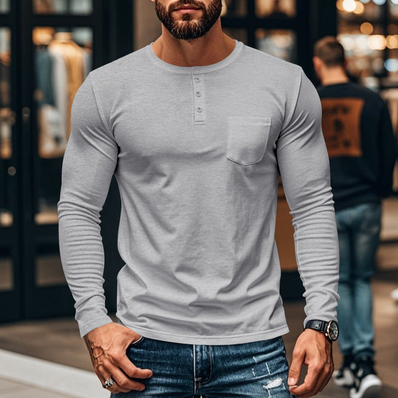 Men's long-sleeved Henley shirt with textured cotton surface and chest pocket Skorter