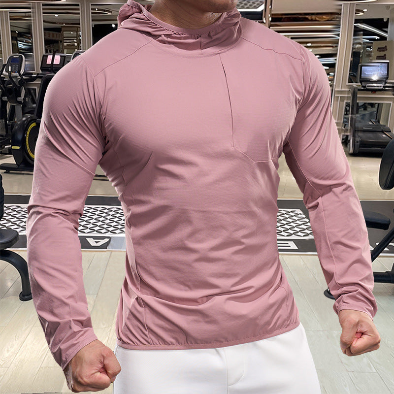 Andningsbar herrträningstopp med huva och dragkedja i fickan Skorter