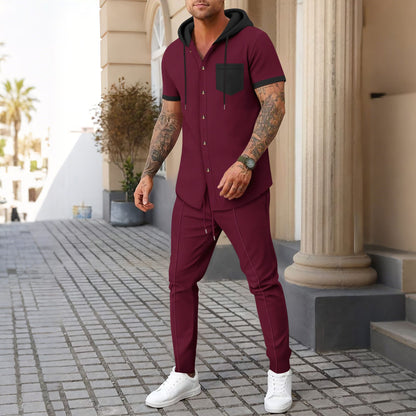 Herr sportig kortärmad outfit med huva Skorter