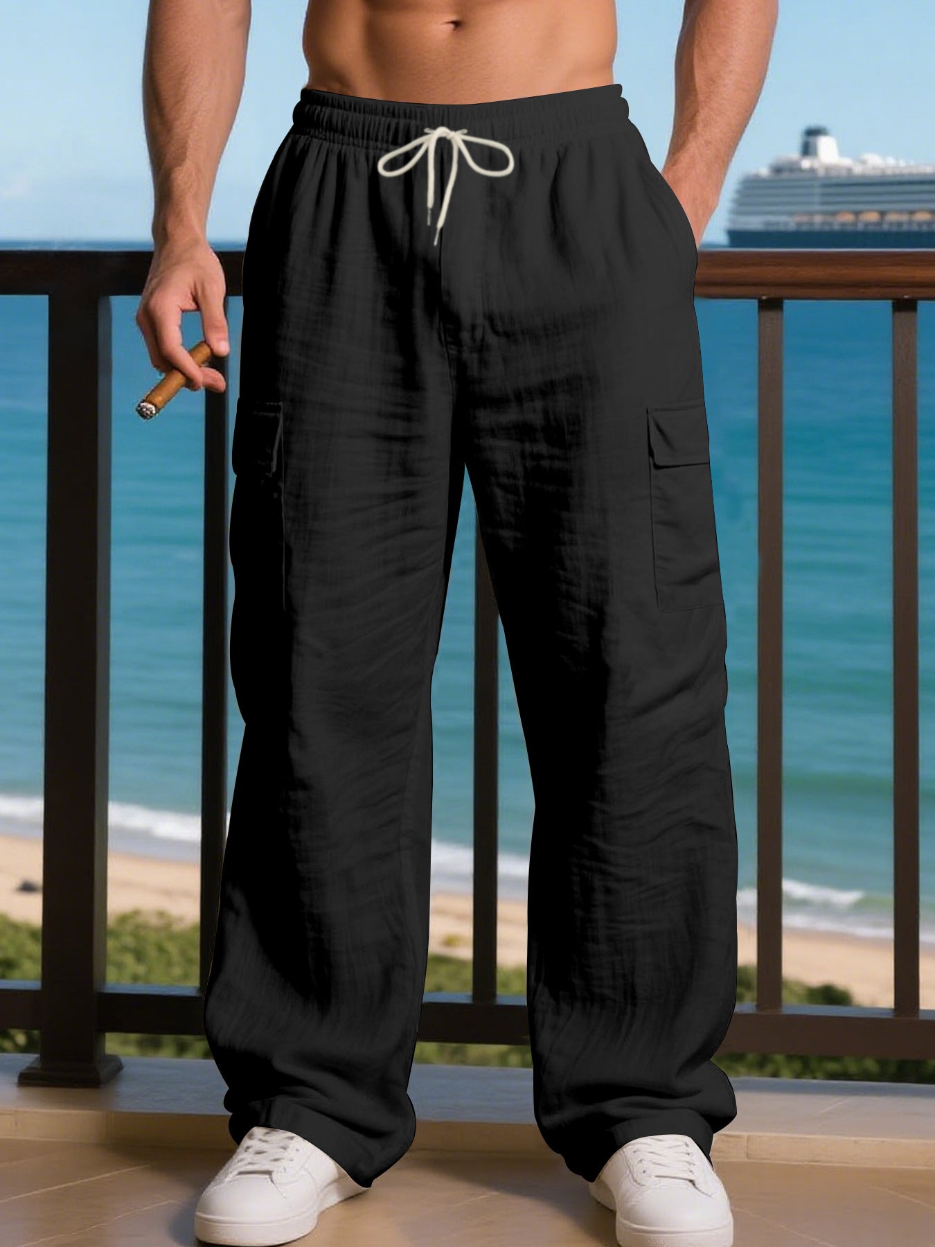 Men's relaxed cargo pants with elastic waistband and practical side pockets Skorter