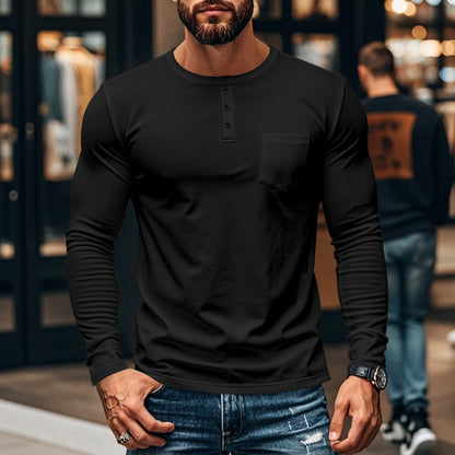 Men's long-sleeved Henley shirt with textured cotton surface and chest pocket Skorter