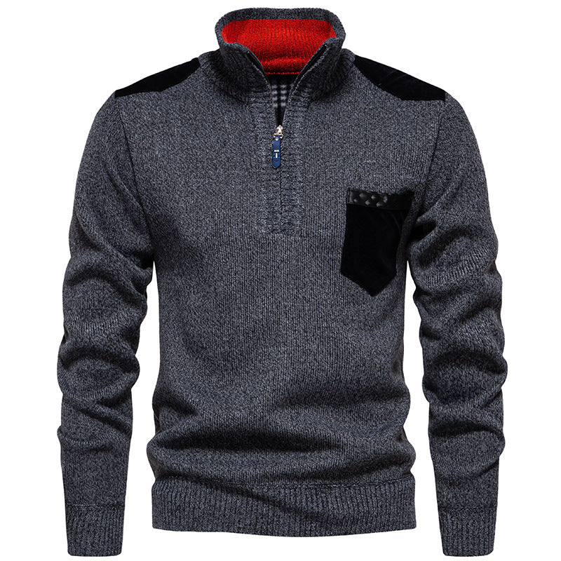 Men's Stand Collar Sweater with Contrasting Details and Practical Pockets Skorter