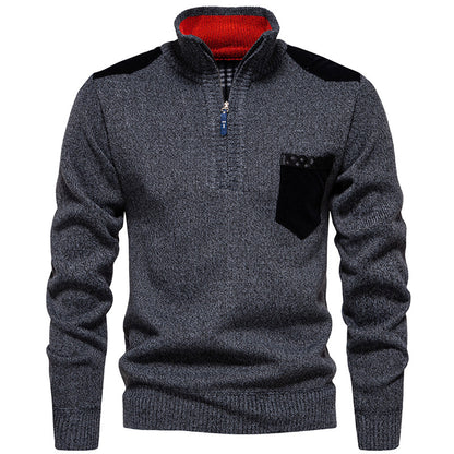 Men's Stand Collar Sweater with Contrasting Details and Practical Pockets Skorter