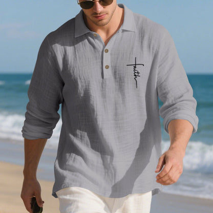 Men's long-sleeve polo shirt with textured fabric and stylish button placket Skorter