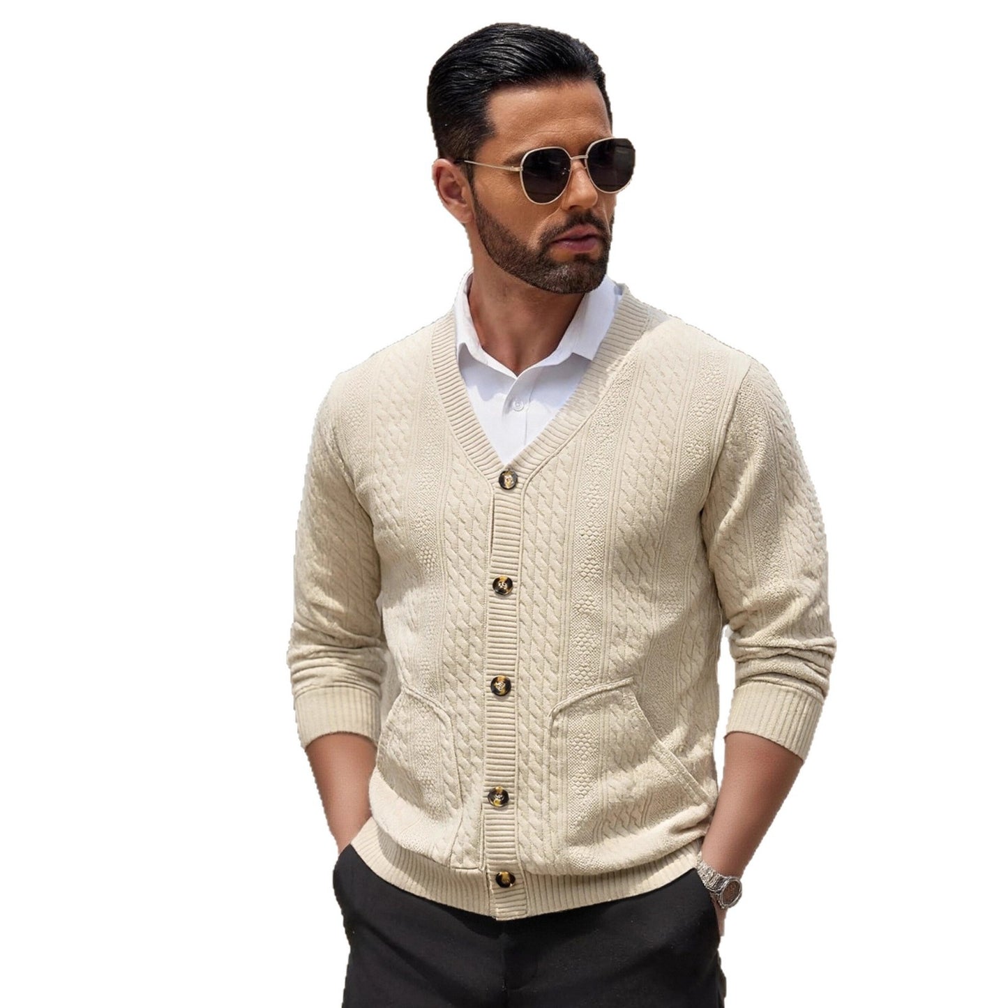 Men's stylish knitted cardigan with practical pockets and unique texture Skorter