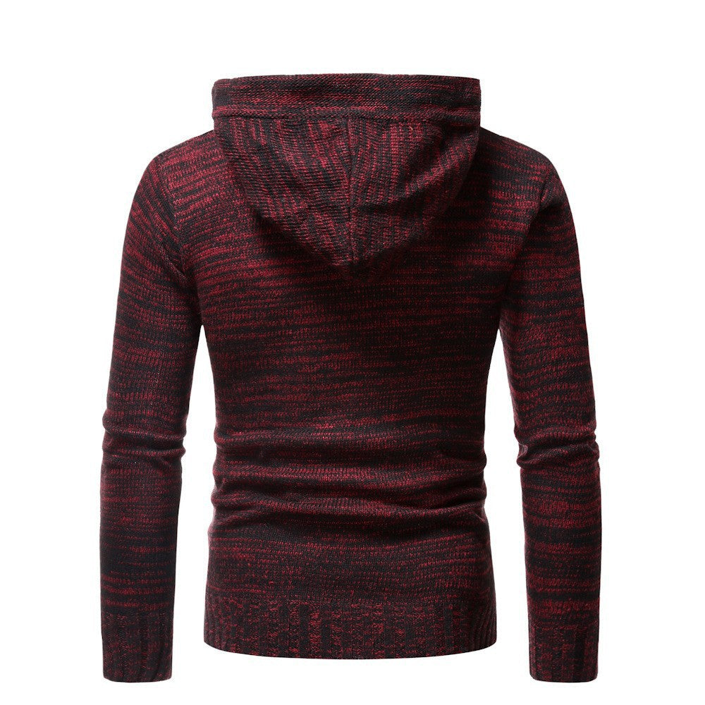 Men's stylish knitted sweater with cozy hood collar and decorative button details Skorter