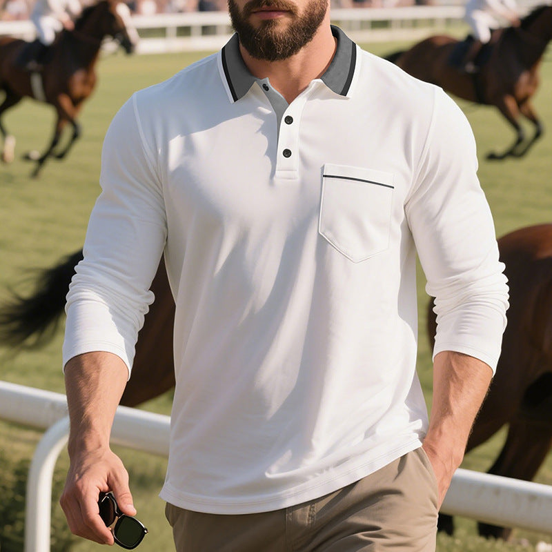 Men's stylish long sleeve polo shirt with textured surface and practical chest pocket Skorter
