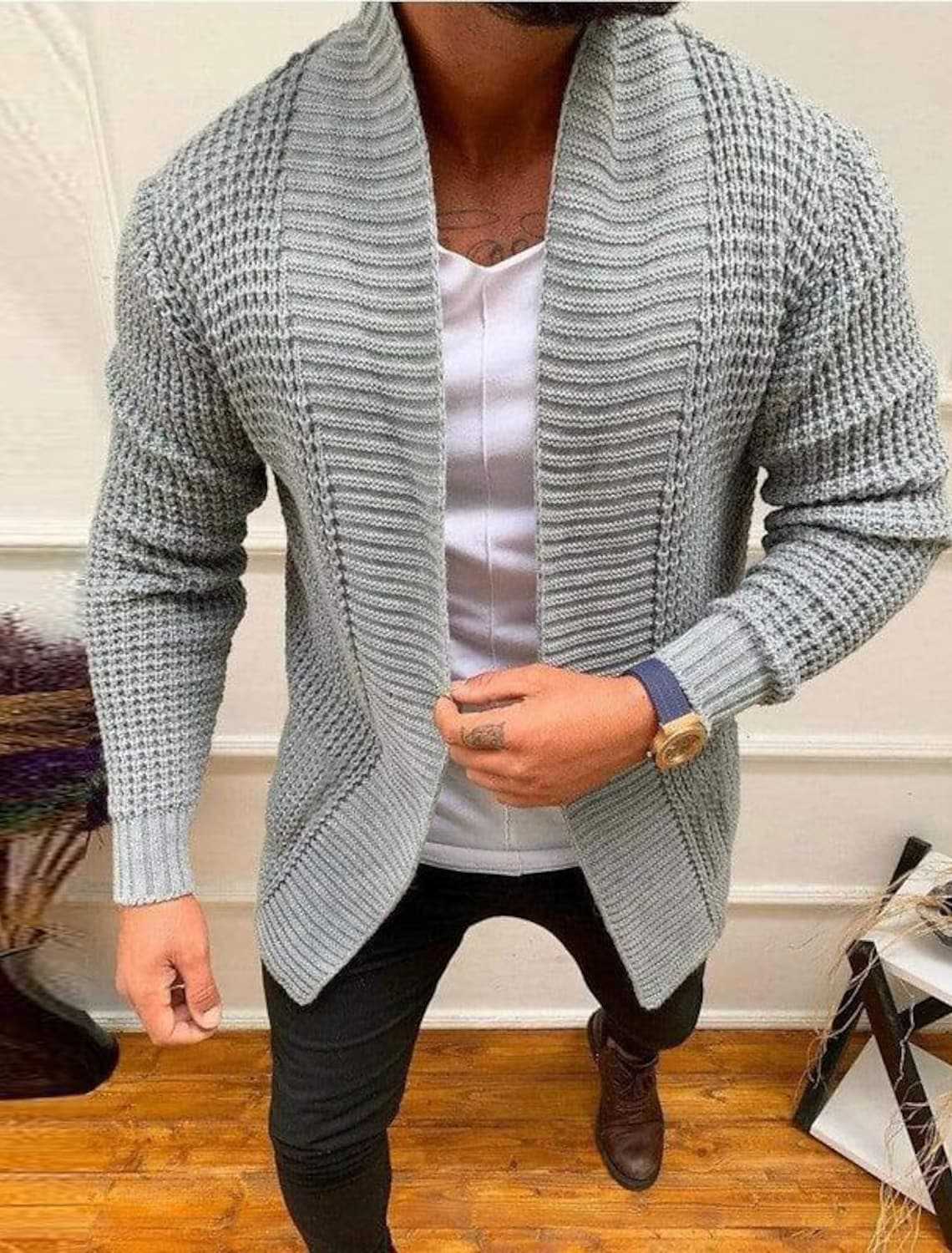 Men's chunky cardigan with open design and deep collar Skorter