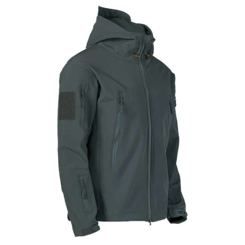 Men's technical softshell jacket with multifunctional pockets and adjustable hood system Skorter
